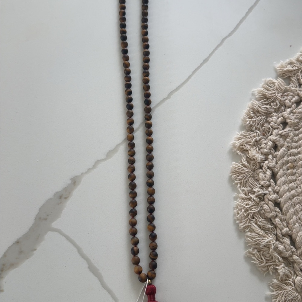 Satya Jewelry Tigers Eye Beaded Mala Necklace with Burgundy Tassel